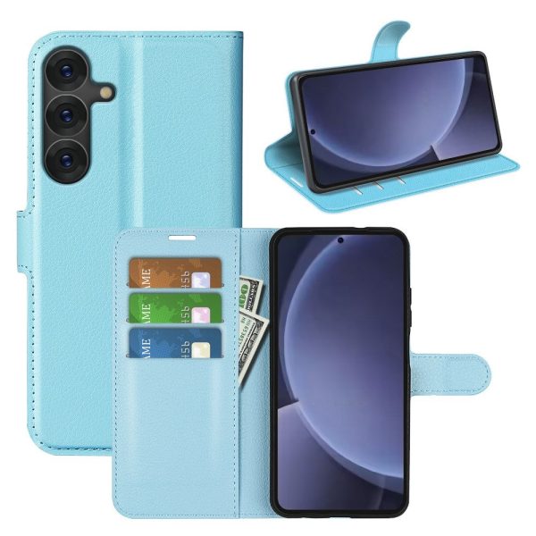 EIDERWOOD Samsung Galaxy S25+ (Plus) Læder Wallet Case med Litchi Tekstur og Stødabsorbering - Turkis Sale