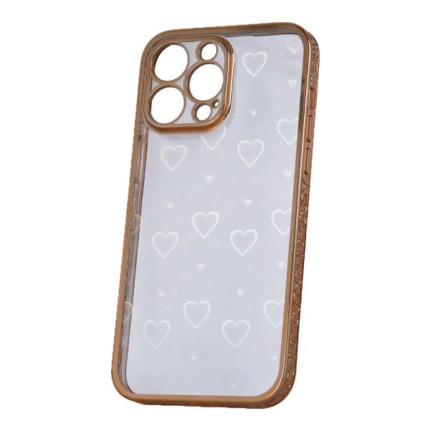 iPhone 14 Pro Max Fleksibel Plastik Cover m. Holografisk Folie - Hjerter Motiv - Gennemsigtig   Rose Gold Online